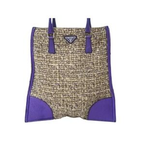 Prada leather triangle tweed Beige purple logo handbag Tan